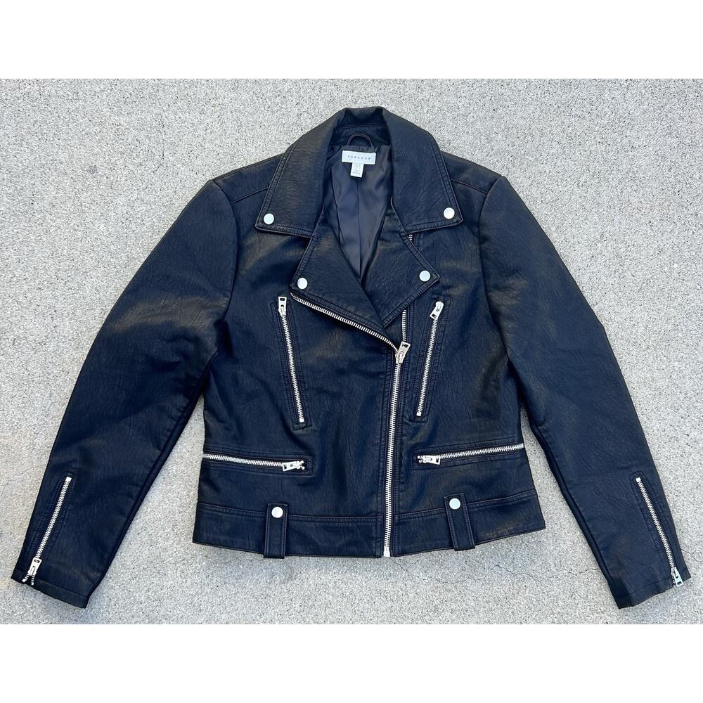 TOPSHOP Biker Jacket Faux Leather Black Women's Size 10